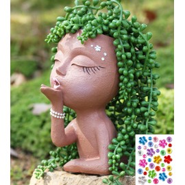 COMODID Smiley Face Flower Pot Head Planter for Indoor Outdoor Planter, Girl Statue Flower Pot, Cute Lady Plant Pot, Female Statue Vases with Faces,Succulent Garden Pot with Drainage, Brown