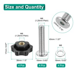 sourcing map 4 Sets Star Knob Kit, M8 Metric Thread 38mm Head Threaded 6-Star Knobs with M8 x 40mm Hex Socket Bolts & M8 Flat Washers, Clamping Handles Track Accessories for Woodworking Jigs