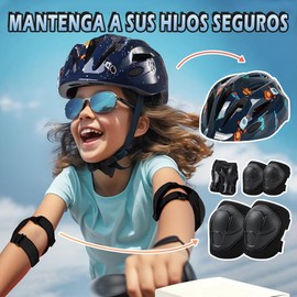 Juego de Casco de Bicicleta para Niños, Rodilleras, Coderas, Muñequeras, Protecciones de Patinar para Niños, Apto para Monopatín, Patinete, Ciclismo, Patinaje, Casco Tamaño Ajustable 48-56CM (Negro)