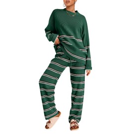 LILLUSORY 2 Piece Sets for Women 2025 Fall Outfits Two Piece Lounge Sets Sweatsuits Striped Knit Sweater Clothes Fashion StripesGreen M