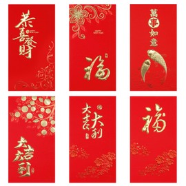 36pcs Chinese Red Envelopes, 6.7x3.5in New Year 2025 Hong Bao Lai See Lucky Money Envelopes Pocket Lunar New Year Gift Packet Bag for Spring Festival (6 Styles)