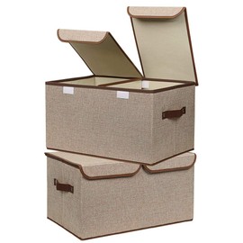 UUJOLY Large Storage Bins Linen Fabric Foldable Basket Cubes Organizer Storage Boxes Drawer with Lid and Handles for Home, Office, Closet, Bedroom, Nursery (Khaki-2pcs)