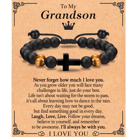 Grandson Gifts To My Grandson Cross Bracelet for Boys, Graduation Back to School Birthday Christmas Valentines Day Easter Basket Stuffers Baptism First Holy Communion Confirmation Gifts for Grandson