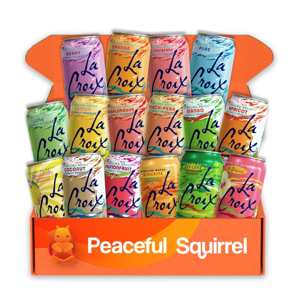 Peaceful Squirrel Variety, LaCroix Sparkling Water, Variety of 16 Flavors, Naturally Essenced Sparkling Water, 12Oz Cans, Pack of 16