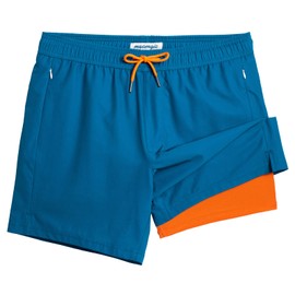 maamgic 5inch Mens Swimming Trunks with Compression Liner 2-in-1 Swim Trunks Stretch Quick Dry Swim Shorts with Zipper Pockets Mykonos Blue and Orange Medium