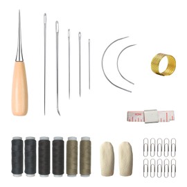 28 Pcs Leather Sewing Set, Upholstery Repair with Awl, Needles, Thread, Thimble Hoops, Finger Sleeve, Soft Ruler, Paper Clip, Leather Repair, Fabric Sewing Tools for DIY Crafts, Sewing Supplies