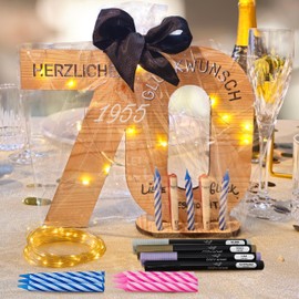 CozyHome Wooden Guest Book 70th Birthday Decoration - Includes Fairy Lights + 6 Candles & 4 Pens I Decoration 70th Birthday Man 70th Birthday Woman & Man Gift Decoration 70th Birthday Woman Gifts