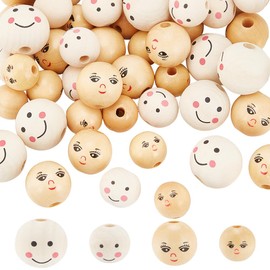PH PandaHall 60pcs Spacer Wood Smile Beads 4 Sizes Wooden Face Beads Natural Face Print Round Beads Painted Wooden Loose Beads for Animal Model Head Bracelet Necklace Jewellery Making, 17-25mm