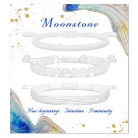 GolbalJew Healing Crystal Beaded Bracelets for Women Men, 6mm Moonstone Stone Beads Bracelets Set with 2PCS Adjustable White Rope Bracelets