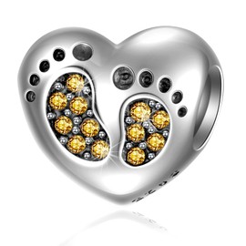 CRISNATA Baby Shower Gifts New Baby Footprint Birthstone Charm, 925 Sterling Silver Feet on Heart Beads, Suitable for European Birthday Bracelet, Gifts for Mum/Wife/Children, Sterling Silver Cubic