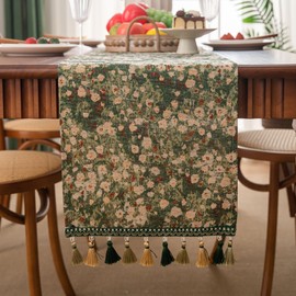 HomeyHo Botanical Jacquard Dining Table Runner with Tassels Luxury Floral Daisy Table Runner for Home Party Spring Summer Decor Modern Elegant Table Runners 13 x 71 Inch Green