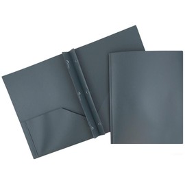 JAM PAPER Plastic 2 Pocket POP Folders - Durable School Folders with Metal Prongs Fastener Clasps - Grey - Bulk 48/Pack