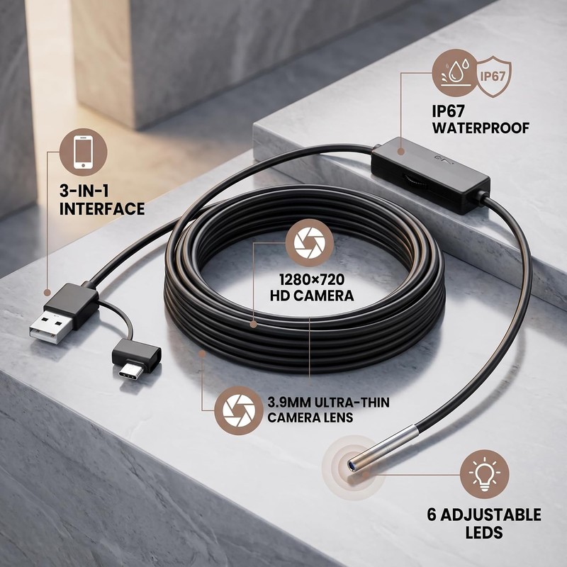 Cámara de Inspección Endoscopio 3 en 1, Boroscopio Impermeable IP67