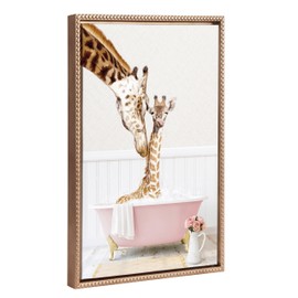 Kate and Laurel Sylvie Beaded Mother and Baby Giraffe in Cottage Rose Bath Vintage Framed Canvas Wall Art by Amy Peterson, 18x24 Gold, Modern Cute Animal Bathtub Art for Wall