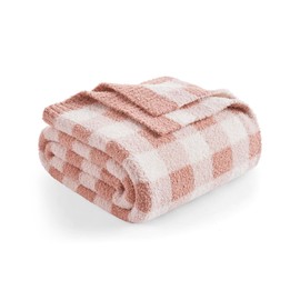 Snuggle Sac Buffalo Plaid Throw Blanket for Couch, Super Soft, Cozy Warm Knit Decorative Blankets, Reversible Plaid Fluffy Throws for Sofa, Bed, Plaid Pink, 50x60 Inches