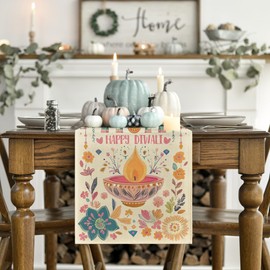 Artoid Mode Flowers Festival of Light Happy Diwali Table Runner, Holiday Kitchen Dining Table Decoration for Home Party Decor 13x72 Inch