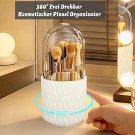 VNIMTI Cosmetic Organiser 360 Rotatable Makeup Brush Organiser with Lid, Dressing Table Brush Holder, Cosmetic Organiser for Room, Decor Dressing Table, Bathroom, Gifts for Women (White)