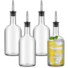 Baderke 4pcs 17oz Glass Long Neck Bottles Glass Pour Liquor Bottles Bar Juice Pour Syrup Bottle with Pourer & Caps Pourer Tapered Spout for Liquor Wine Juice Snowcone Syrup