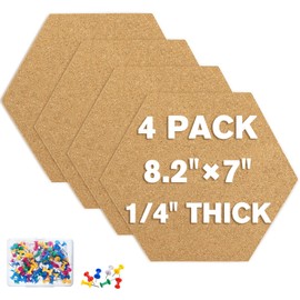 TUPARKA 4 Pack Cork Board Hexagon Bulletin Boards Cork Tiles 8.2"x7" - 1/4" Self-Adhesive Corkboards with 50 Push Pins Mini Wall for Wall Home School Office Decorative (4, 8.2''*7'')