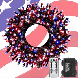 ITICdecor 4th of July Decorations 100 LED Red White and Blue Fairy String Lights, 33Ft String Lights Battery Operated Waterproof, 8 Modes Connectable Patriotic Lights for Home Yard Patio Party Decor
