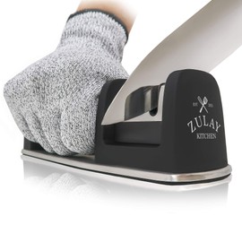 Zulay Kitchen Knife Sharpener & Cut-Resistant Glove | 2-Stage Knife Sharpening Tool Restores, Polishes and Helps Repair Blades, Dull Steel, Paring, Chefs and Pocket Knives | Stainless Steel & Tungsten