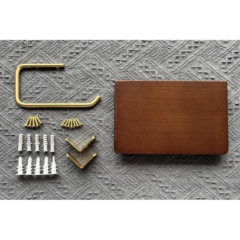 Solid Brass Toilet Paper Holder with Dark Brown Wood Shelf,