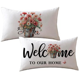 ULOVE LOVE YOURSELF Spring Floral Decorative Lumbar Pillow Cover 12x20 Inch Pink and Coral Daisies Farmhouse Welcome to Our Home Cushion Covers 2Pack for Sofa/Couch/Porch(Pink/Coral)