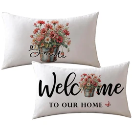ULOVE LOVE YOURSELF Spring Floral Decorative Lumbar Pillow Cover 12x20 Inch Pink and Coral Daisies Farmhouse Welcome to Our Home Cushion Covers 2Pack for Sofa/Couch/Porch(Pink/Coral)