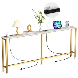 Keelian 90Inch Console Table with Outlet, Sofa Table with Charger,Skinny Hallway Table, Narrow Entryway Table,Table Behind Sofa,for Living Room,Gold & White