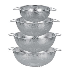 AKOLAFE Thickened Metal Colander with Handle Set of 4 Stainless Steel Strainers for Kitchen 1-2-3-4 Quart Fine Mesh Colander Set Large Strainer Pasta Colanders & Food Strainers for Spaghetti Vegetable
