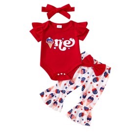 YINGISFITM 4th Fourth of July Baby Girl Outfit My First 4th of July One Ruffle Romper Onesie Bell Bottoms Pants Clothes Set (Ice Cream One, 6-9 Months)