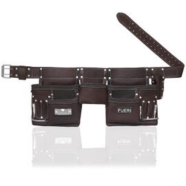 FUERI 11 Pocket Leather Tool Belt fot Men, Comess with Dual hammer holster Organizer for Carpenter, Construction, Electrician