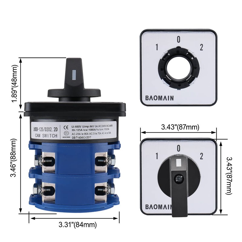 Baomain Rotary Cam Changeover Switch LW28-125/D202.2 660V 125A 2 Phases