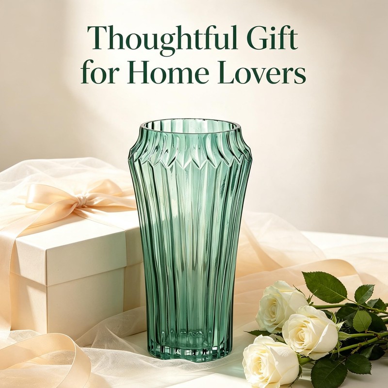 10 inch Green Glass Flower Vase for Pampas Grass, Medium