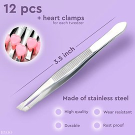 12 Piezas Pinzas para Cejas Mujer – Pinzas Acero Inoxidable 3.5" para Vello Facial con Puntas Inclinadas y Mordazas de Corazón – Tamaño Mini para Cejas, Barbilla, Depilación, Arreglo Ligero y Belleza