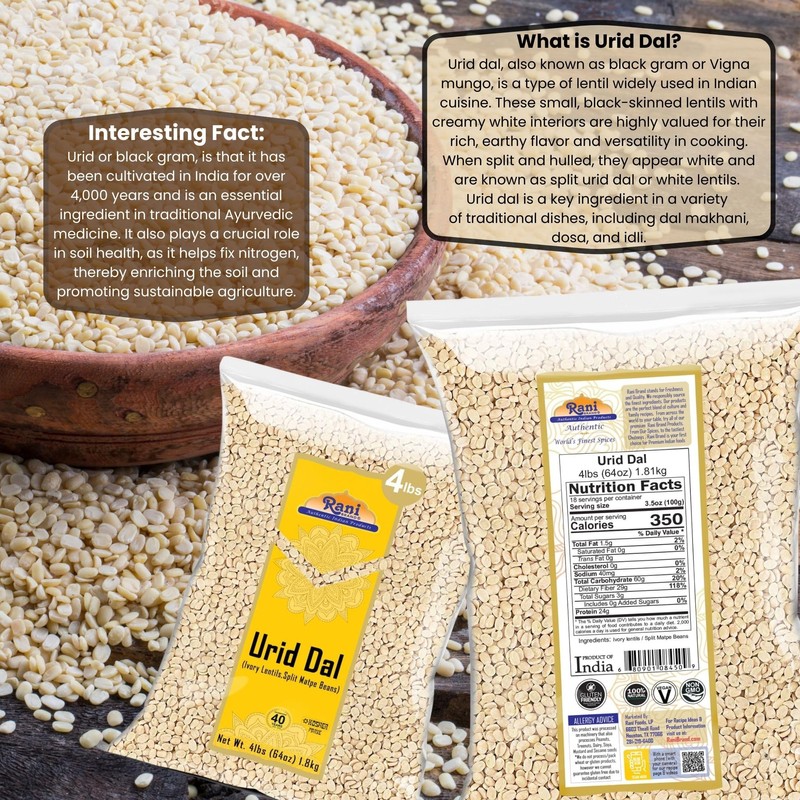 Rani Urid/Urad Dal (Split Matpe Beans Skinless) Indian Lentils 64oz