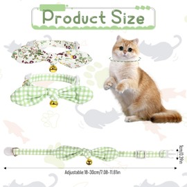 2 Pack Cotton Cat Collar, Cotton Breakaway Kitten Collars with Removeable Bow Green Cat Collar Solid Color Plaid Pet-Collar, Floral Green & Plaid
