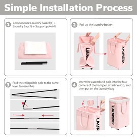 Goodpick Pink Laundry Basket with Wheels, Dorm Room Essentials for Girls, 75L Collapsible Laundry Basket, Laundry Hamper with Handle for College Dorm