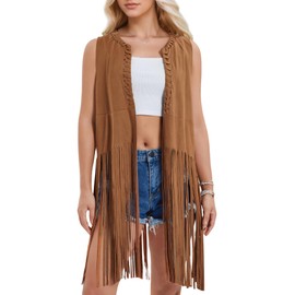Womens Faux Suede Long Tassels Tops 70s Hippie Suede Leather Vest Cardigan Jacket Outwear Tops Fringe Trim Jacket Outwear Tops Sleeveless Long Waistcoat Jacket Brown 3XL