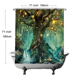 Ulticool Shower Curtain - Fairy Tale Elf Tree Magic Forest Nature - 180 x 180 cm - Washable - Waterproof - Anti Mould - with 12 Rings - Green Yellow