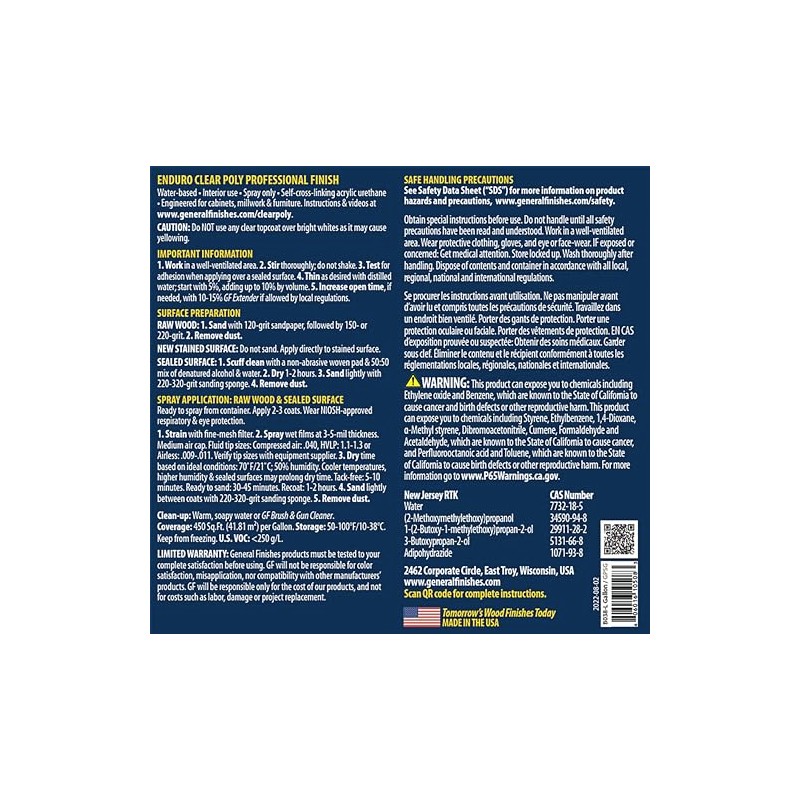 General Finishes Enduro Water Based Clear Poly, 1 Gallon, Semi-Gloss