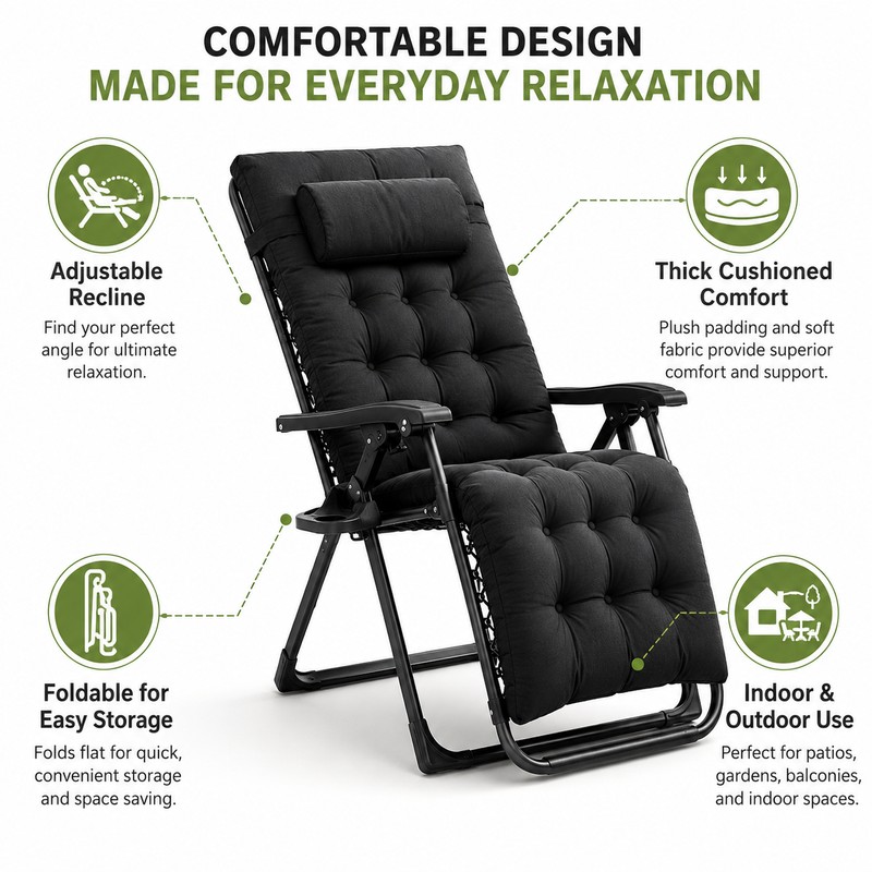 Black Reclining Lounge Chair for Relaxation - Plush Foldable Comfort