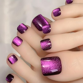 Purple Glitter Press on Toenails Short Fake Toe Nails Glossy Acrylic Toe Nails Press on Short Square Full Cover False Toenails Glitter Powder Designs Summer Artificial Glue on Toenails for Women