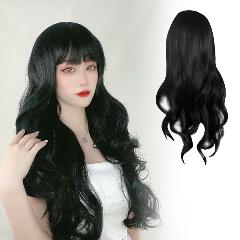 Long Curly Wavy Wig with Bangs Women Fashionable Synthetic Heat