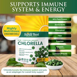 Sunlit Best USDA Organic Premium Chlorella Tablets 1000 Count | 100% Pure Chlorella Superfood Supplement High in Protein, Chlorophyll, Vitamins, & Minerals | Supports Good Health, Wellbeing