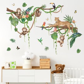 FUFUQUARE Jungle Animals Wall Stickers Cute Sloth Leopard Monkey Climbing Tree Branch Wall Decals PVC Peel and Stick for Kids Nursery Bedroom Living Room