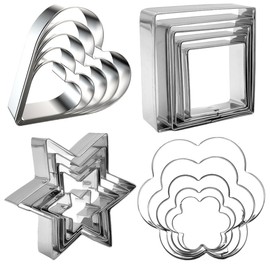 20 Pieces Cookie Cutter Set，Heart，Flower，Star，Square Shaped，Stainless Steel Sturdy Metal Fondant Cookie Cutters Biscuit Mold Kitchen Accessories Tool, Valentine's Day Holiday Birthday Family Party