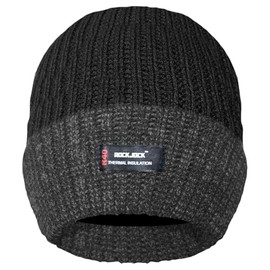RockJock Mens Thinsulate Lined Insulated Winter Thermal Ski Beanie Hat Mens Ribbed Chunky Warm-BLK/Grey
