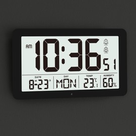 JoFomp Digital Wall Clock Battery Operated with Backlight, LCD Digital Clock Large Display, Modern Wall Clocks for Living Room Decor, Alarm Clocks for Bedroom with Date/Week/Temp/Humidity - 12/24H