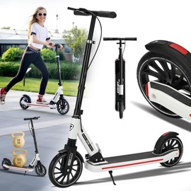 CUIOT Commuter Adult Scooter 330 lbs Capacity, 8IN Solid Tires Big Wheels Scooters, 3 Handle Height Adjustable Levels, with Double Braking System, Foldable Scooter,Kick Scooter for Ages 6+,White
